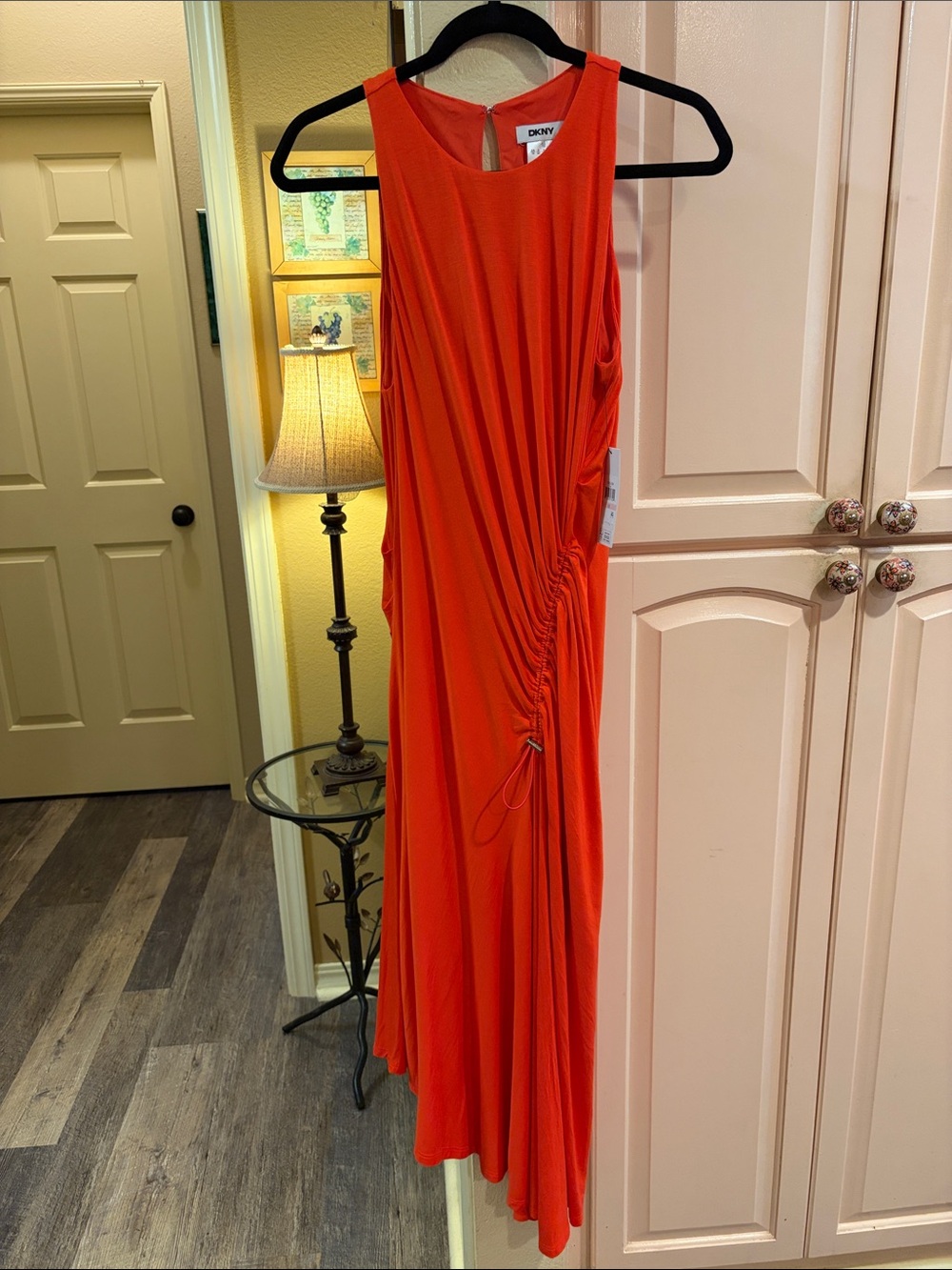 DKNY NWT fiesta Orange asymmetrical Ruched Midi Dress